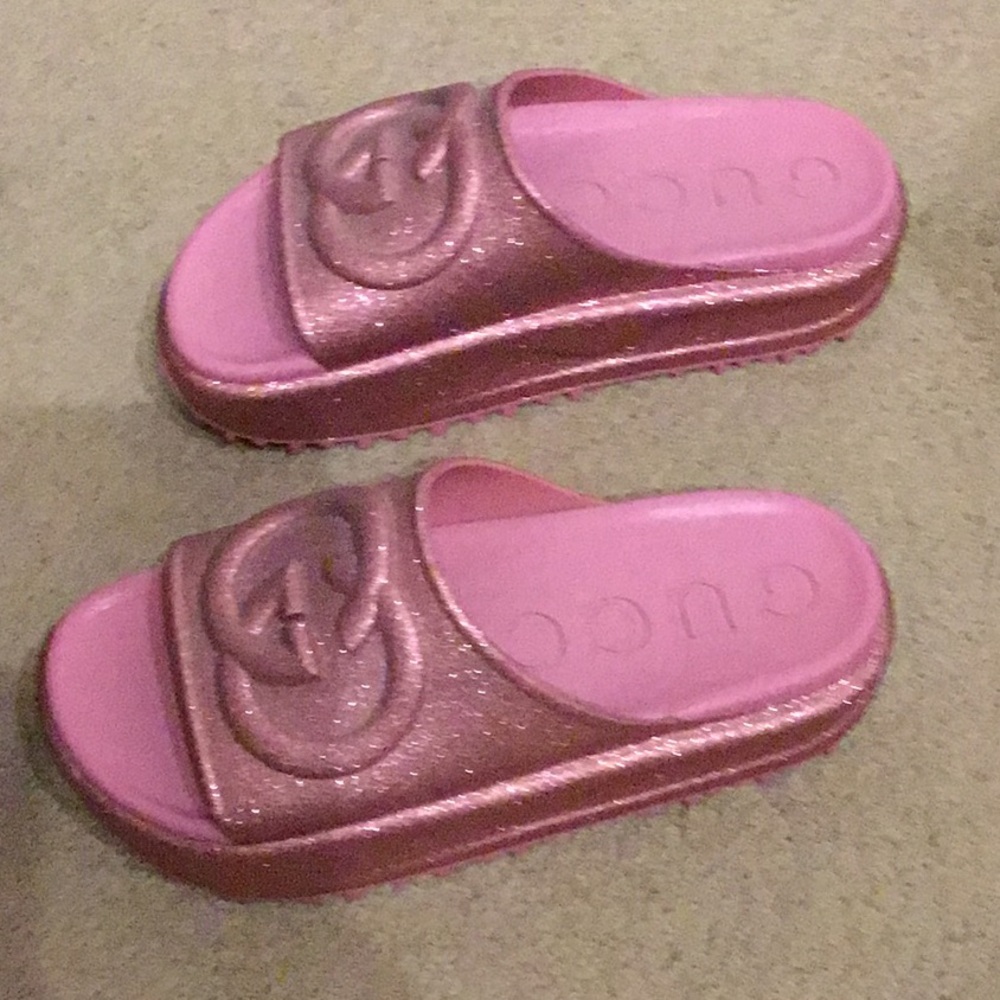 Gucci Ladies Pink Glitter Logo Slide Sandals